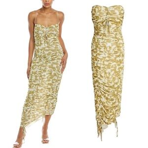 NWT Nicholas The Label Maisie Midi Olive Green Swirl Print Ruched Dress